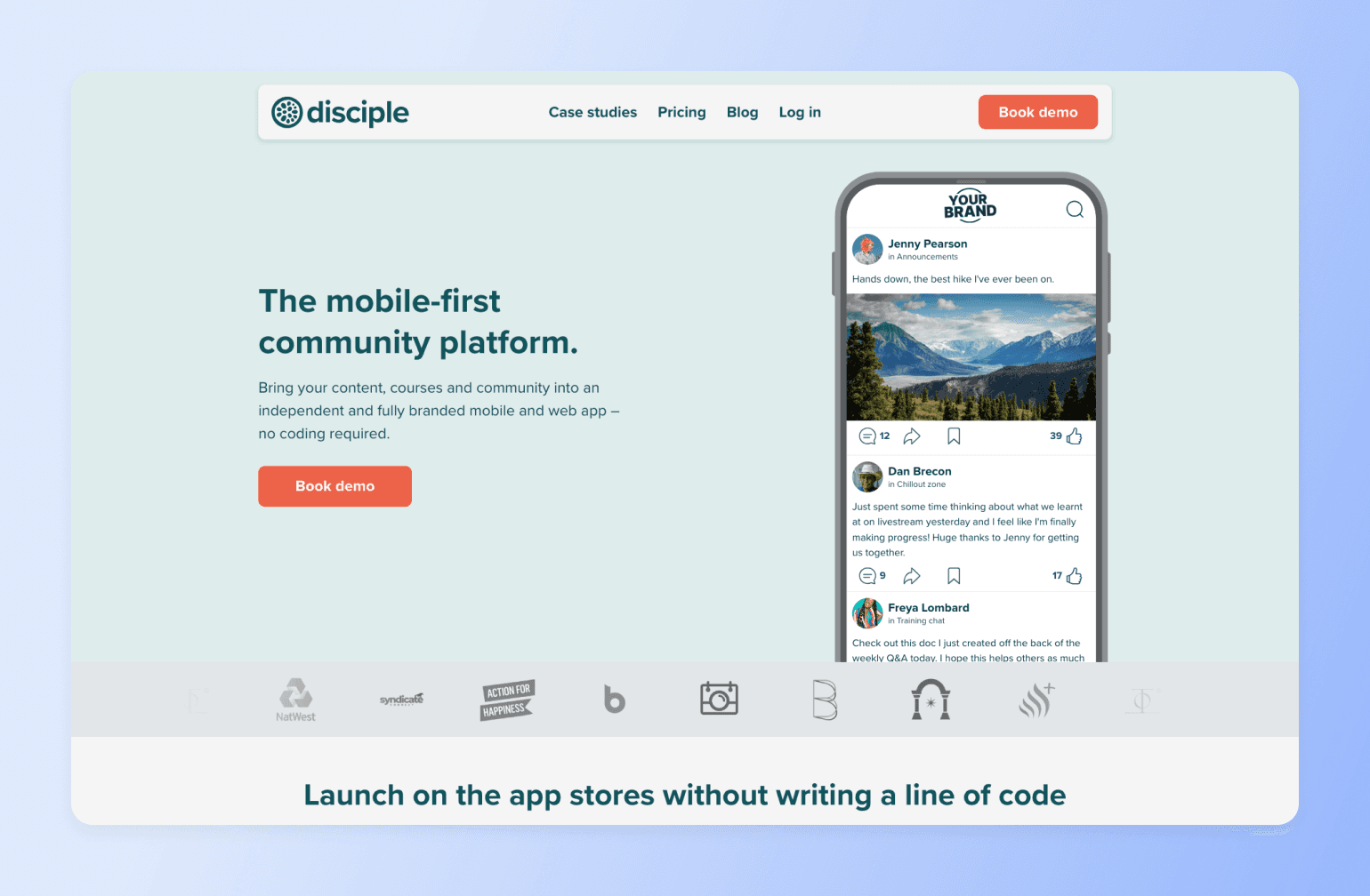 Disciple mobile-first community platform landing page showing branded mobile app interface with social feed and mountain landscape photo