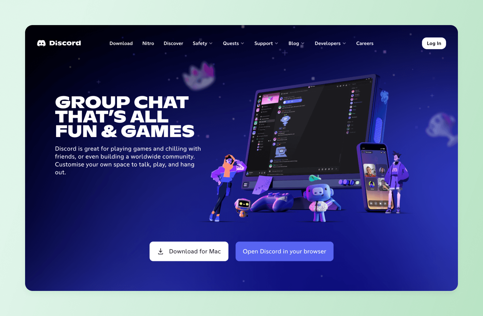 Discord homepage featuring desktop and mobile app interfaces with illustrated characters and heading "Group Chat That's All Fun & Games
