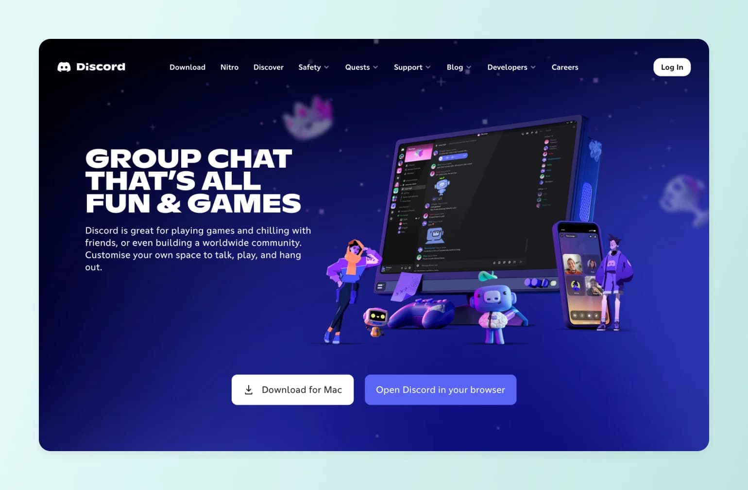 Discord homepage featuring desktop and mobile app interfaces with illustrated characters and "Group Chat That's All Fun & Games" headline