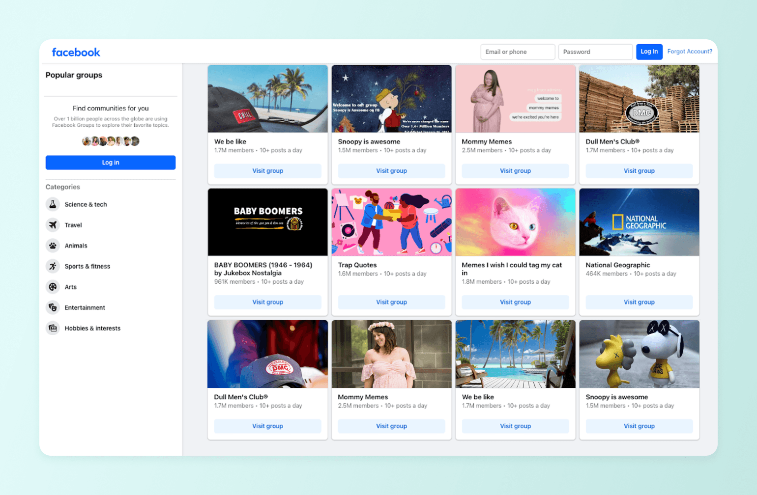 Facebook Groups discovery page showing popular communities including Snoopy, Baby Boomers, Mommy Memes, and National Geographic with category filters on the left sidebar