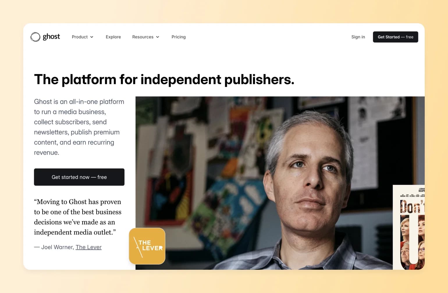 Ghost publishing platform homepage showing founder Joel Warner from The Lever with colorful artwork in background office