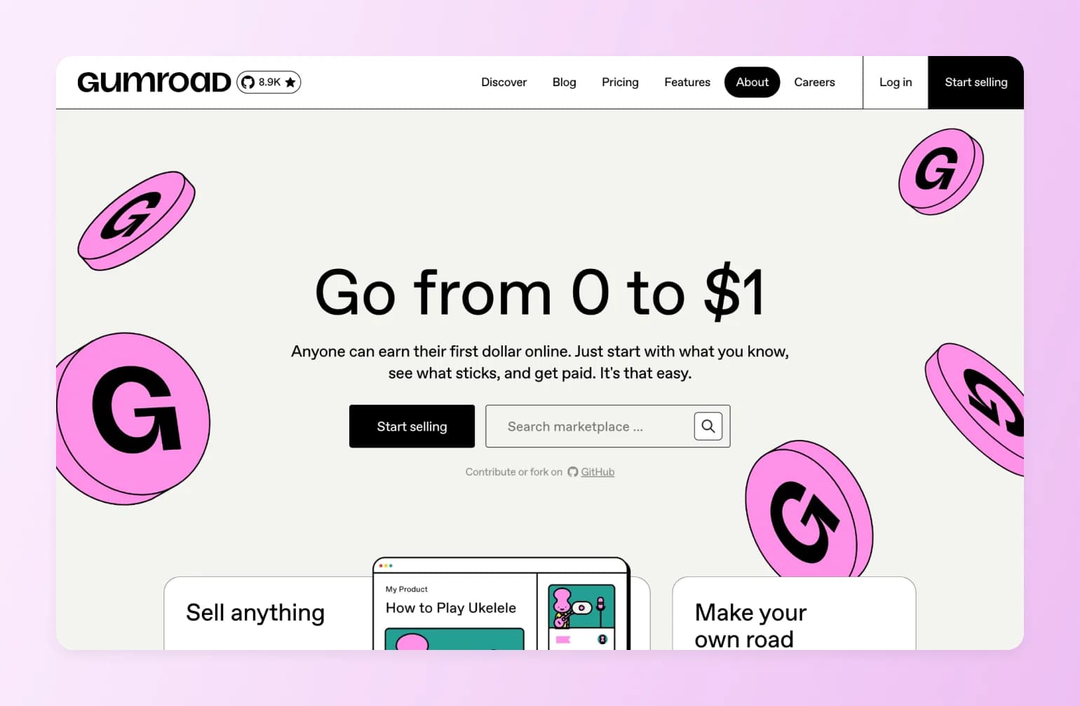 Gumroad homepage with pink coin logos featuring headline "Go from 0 to $1" and search bar on light background