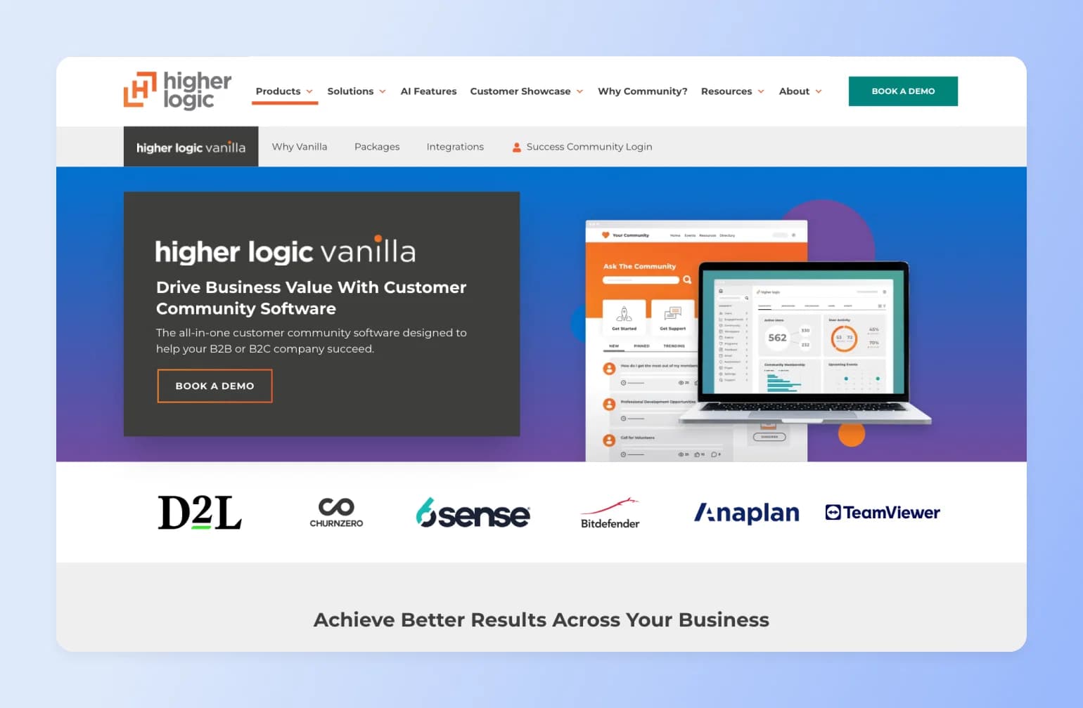 Higher Logic Vanilla customer community software platform showing dashboard interface with analytics and community forum on laptop and tablet displays