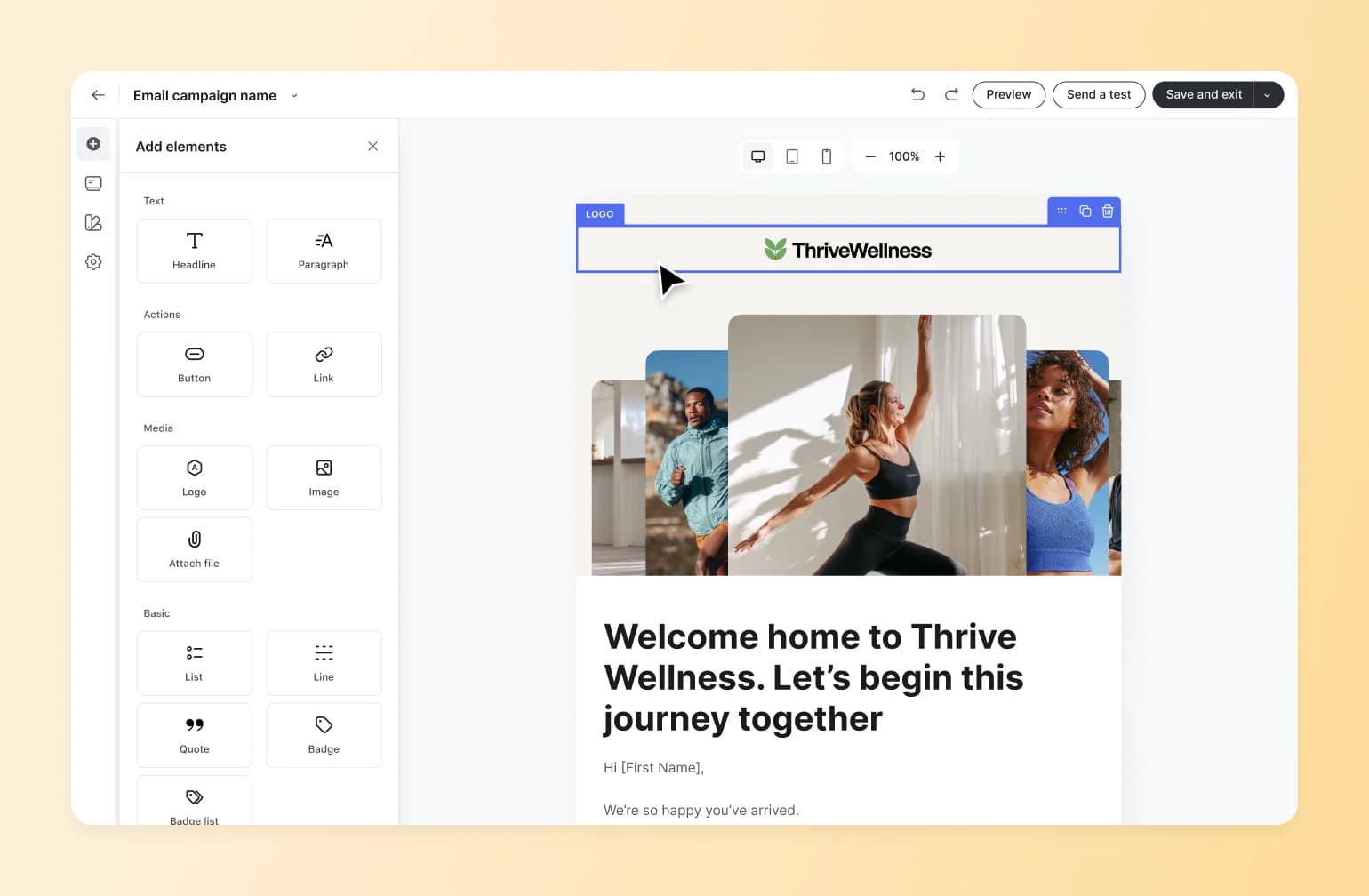 Email campaign builder on Circle showing a Thrive Wellness welcome email template, showing one of the best newsletter platforms for creators.