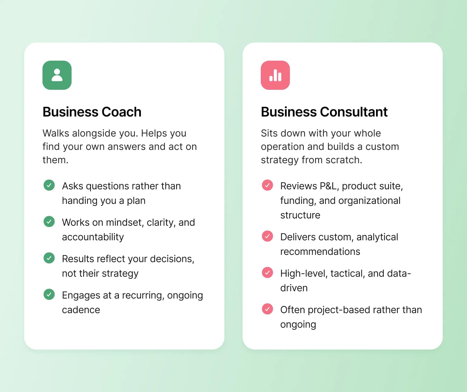 Comparison chart showing differences in approach, focus, and engagement style between business coaching and consulting