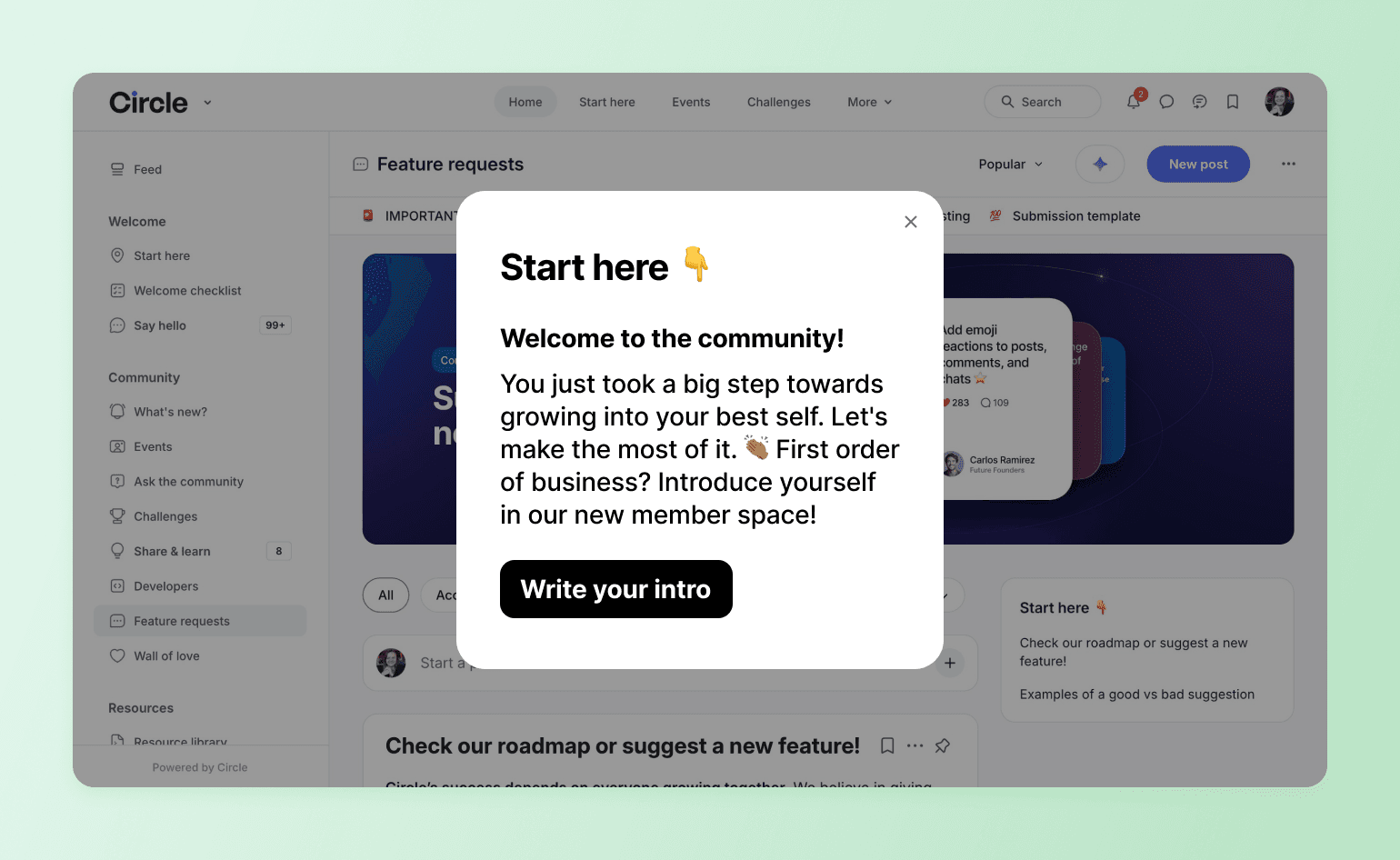 Welcome modal dialog encouraging new community members to write an introduction and take their first step toward growth