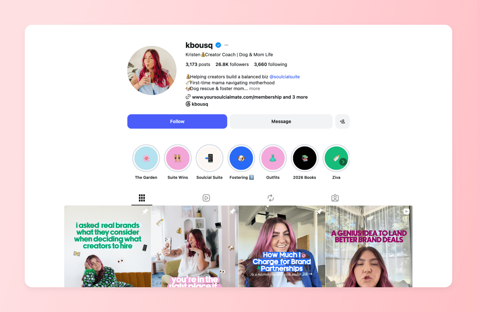 Instagram profile for kbousq, creator coach specializing in dog and motherhood content, showing bio, story highlights, and posts