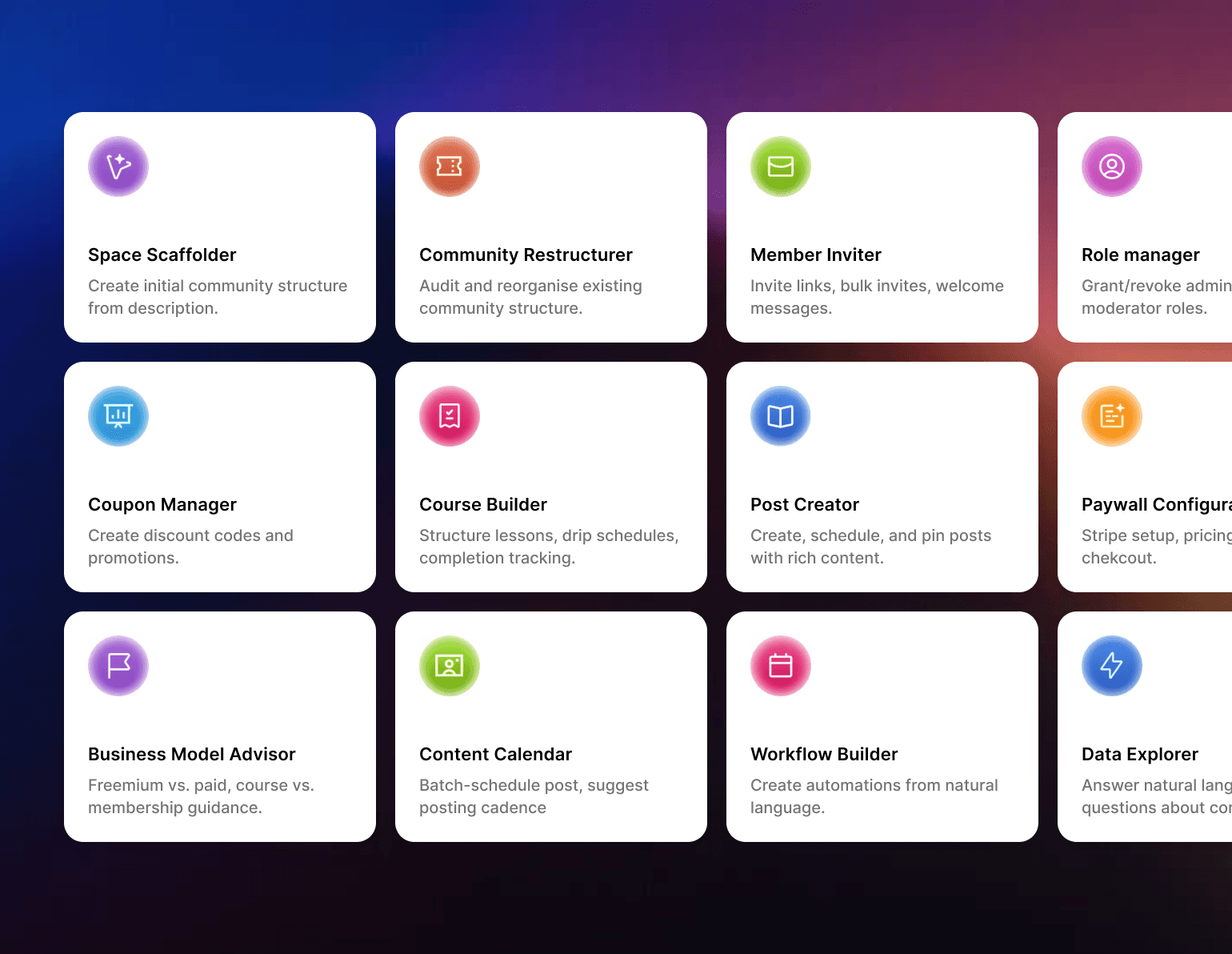 Grid of 12 community management tool cards with colorful icons showing features like Space Scaffolder, Community Restructurer, Member Inviter, Course Builder, Post Creator, and Workflow Builder