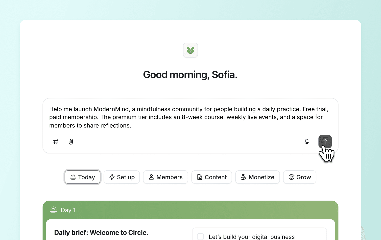 Green leaf logo icon above "Good morning, Sofia" greeting in mindfulness app interface with text input box and navigation menu