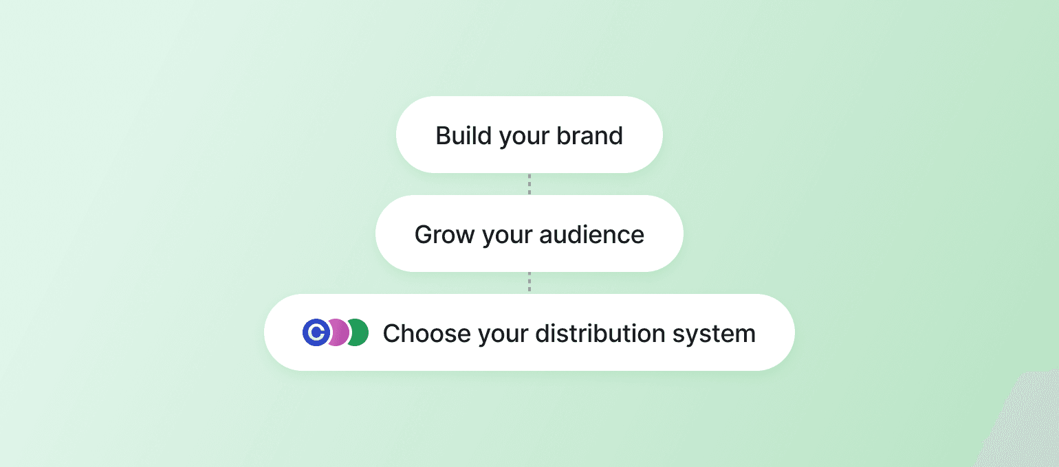 Three-step process flowchart showing Build your brand, Grow your audience, Choose your distribution system with colorful icons