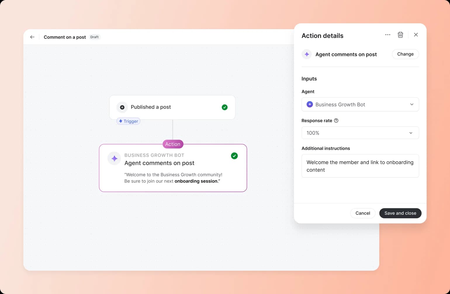 Workflow automation interface showing trigger for published post connected to Business Growth Bot agent comment action with 100% response rate