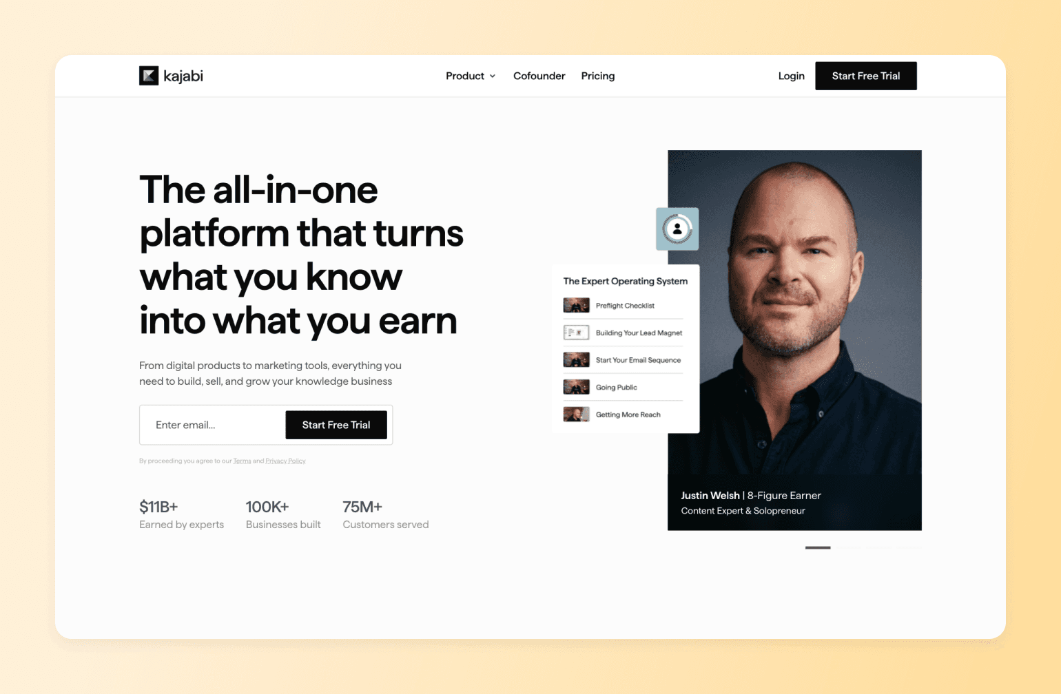 Kajabi landing page featuring Justin Welsh, 8-figure earner and content expert, alongside The Expert Operating System course modules