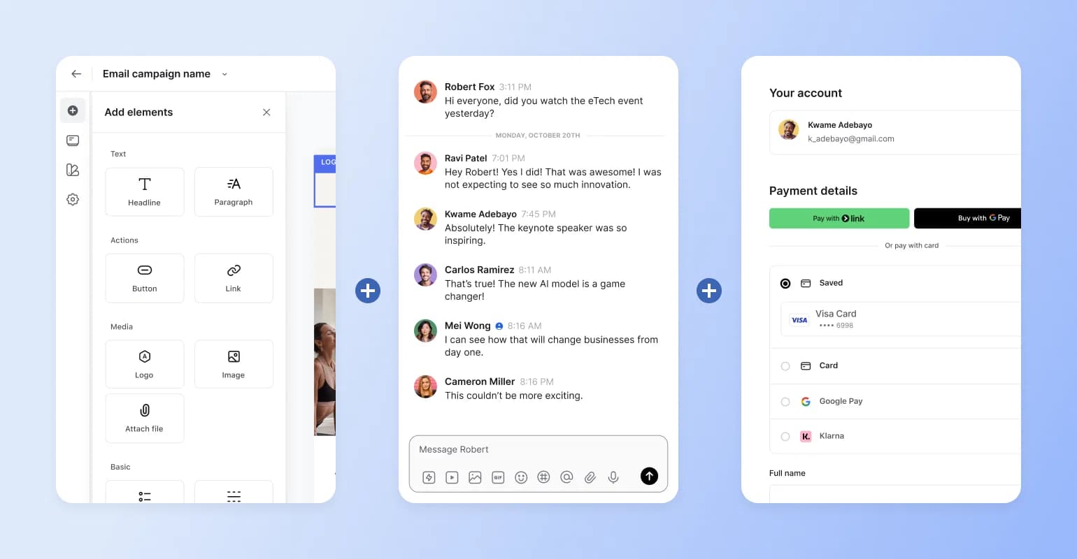 Three-panel interface showing email campaign builder, group chat conversation about eTech event, and payment account settings