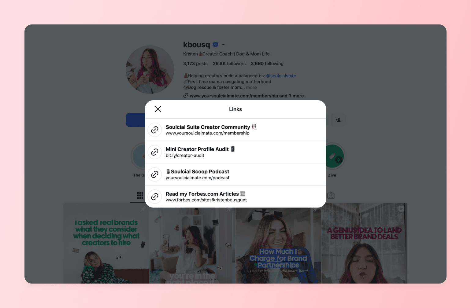 Instagram profile bio links modal showing Soulcial Suite Creator Community, Mini Creator Profile Audit, podcast, and Forbes articles