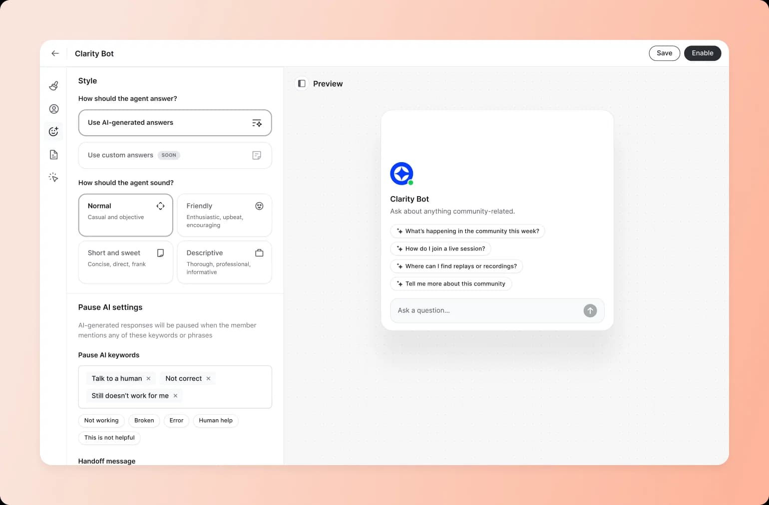 Circle's Clarity Bot chatbot configuration interface showing style settings, response tone options, and preview panel with sample questions