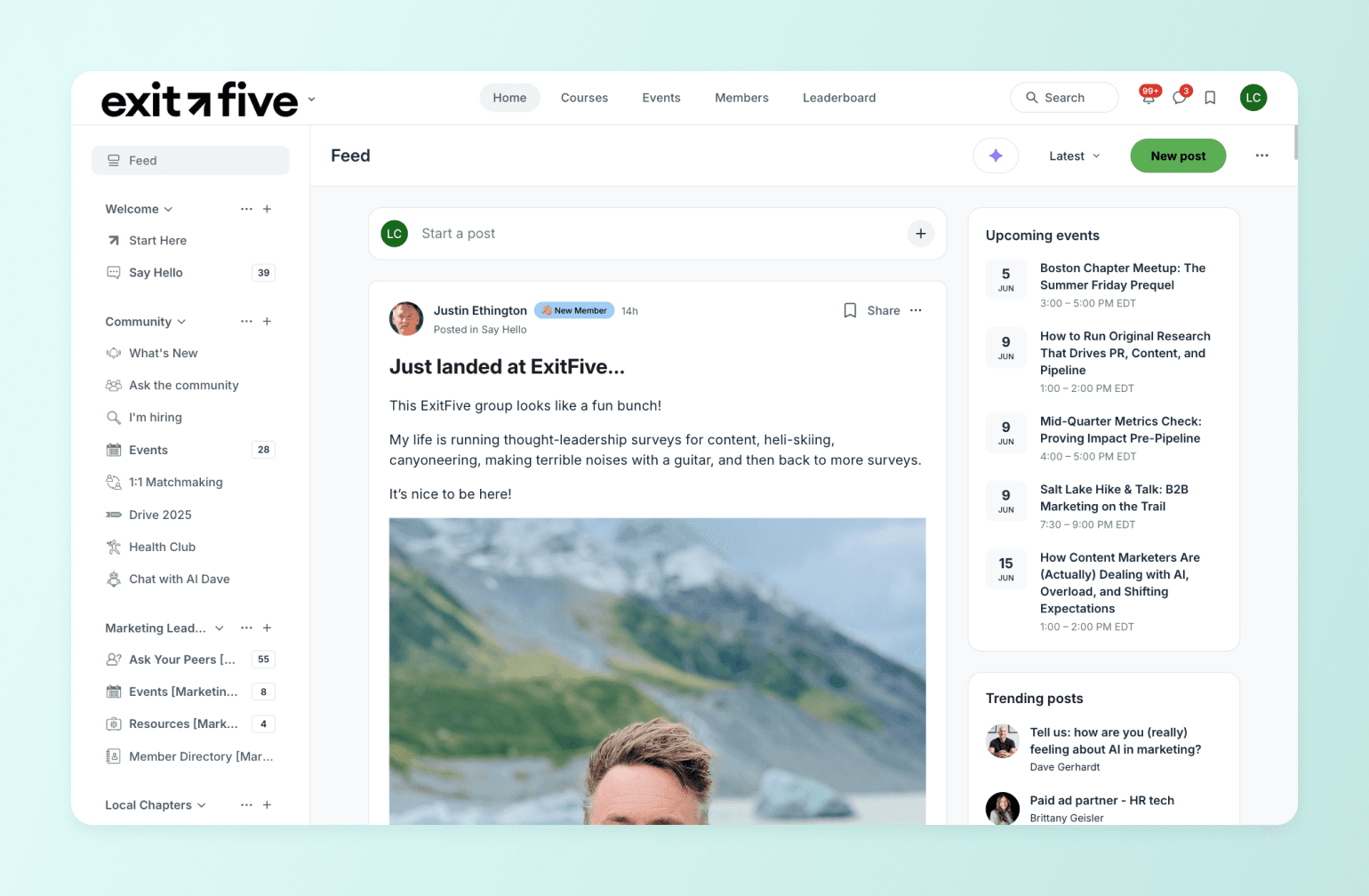 Exit Five community platform feed showing new member introduction post with outdoor photo and upcoming events sidebar