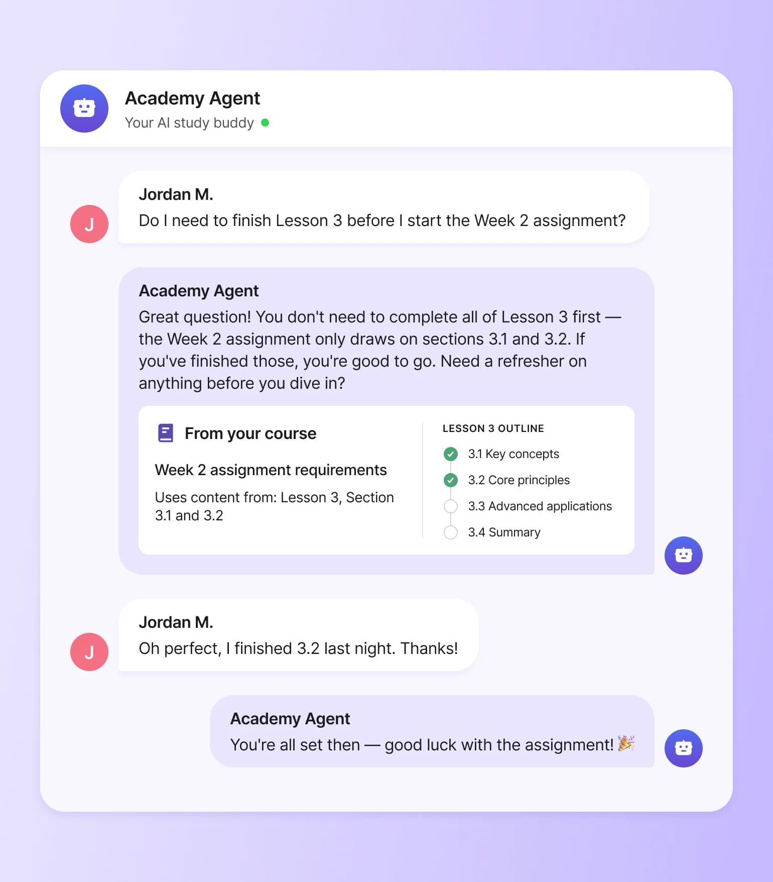 Chat conversation between student Jordan M. and Academy Agent AI assistant discussing lesson completion requirements with course outline