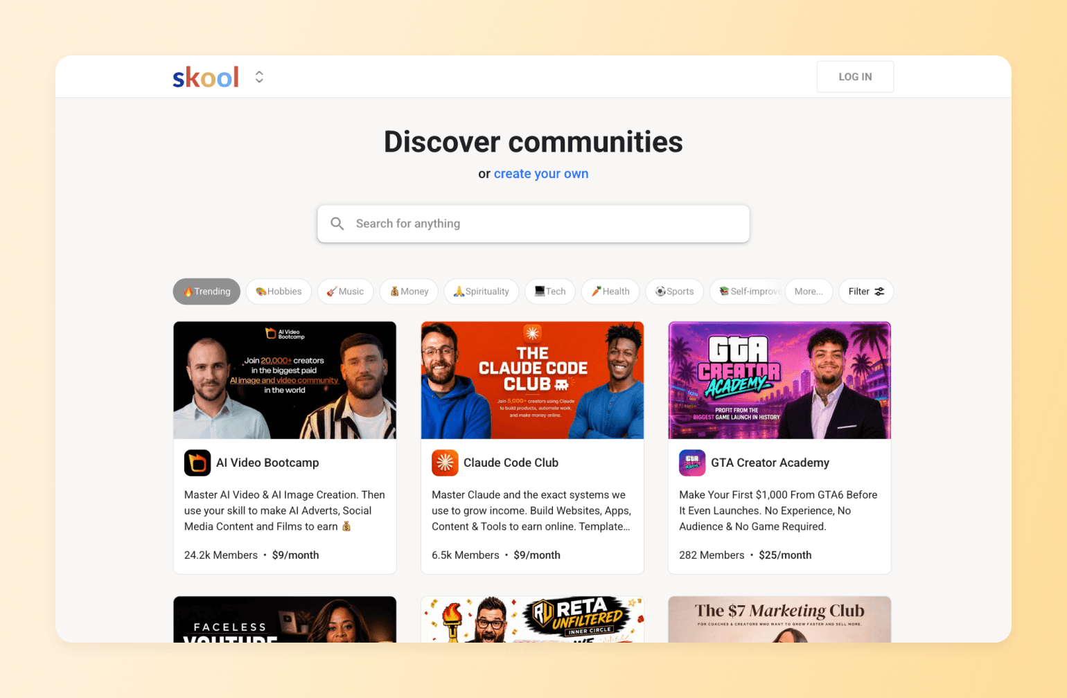 Skool platform homepage showing community discovery page with featured groups including AI Video Bootcamp, Claude Code Club, and GTA Creator Academy