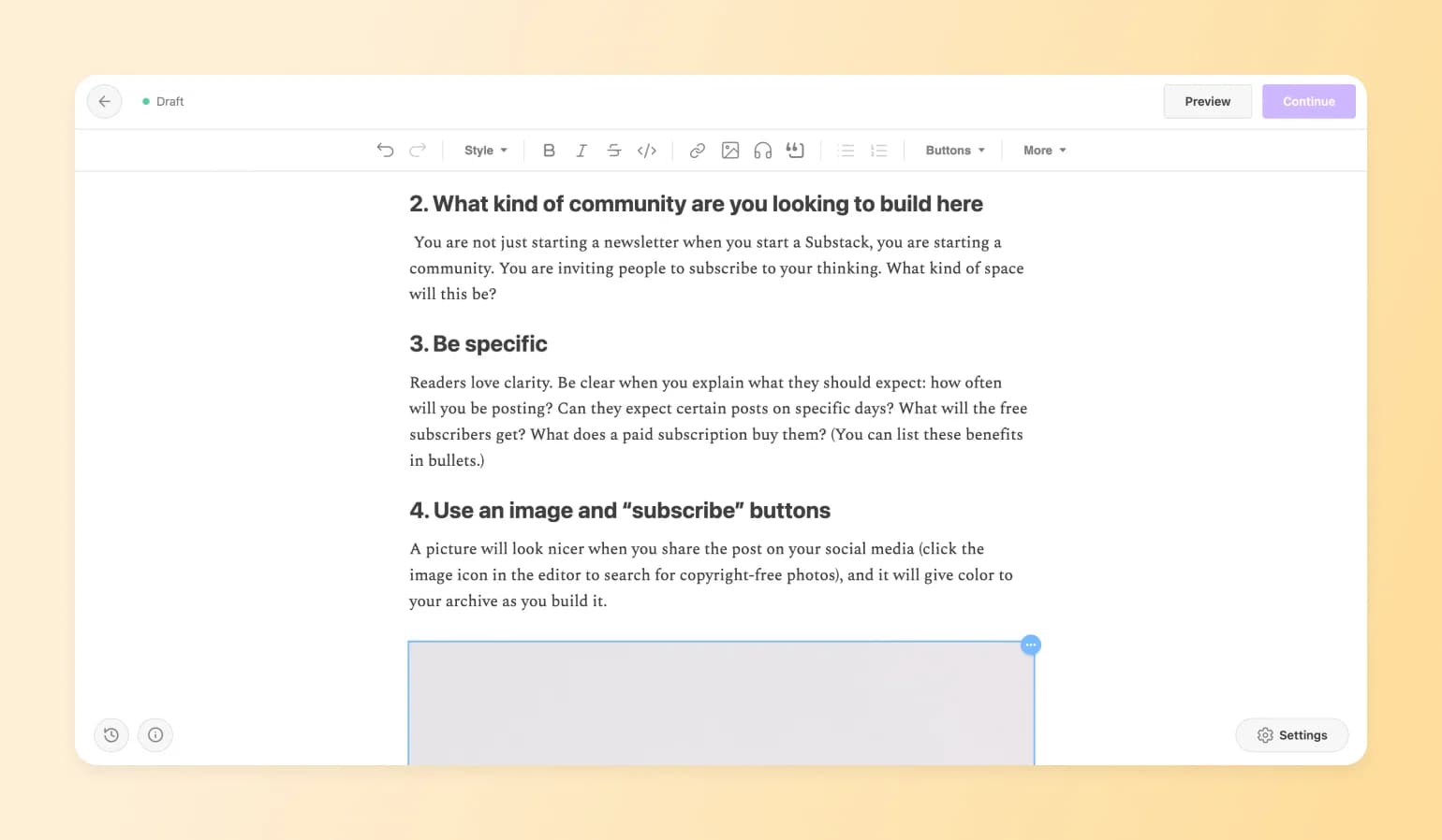 Substack post editor with formatting toolbar, showing tips for setting up newsletters on the best newsletter platforms.