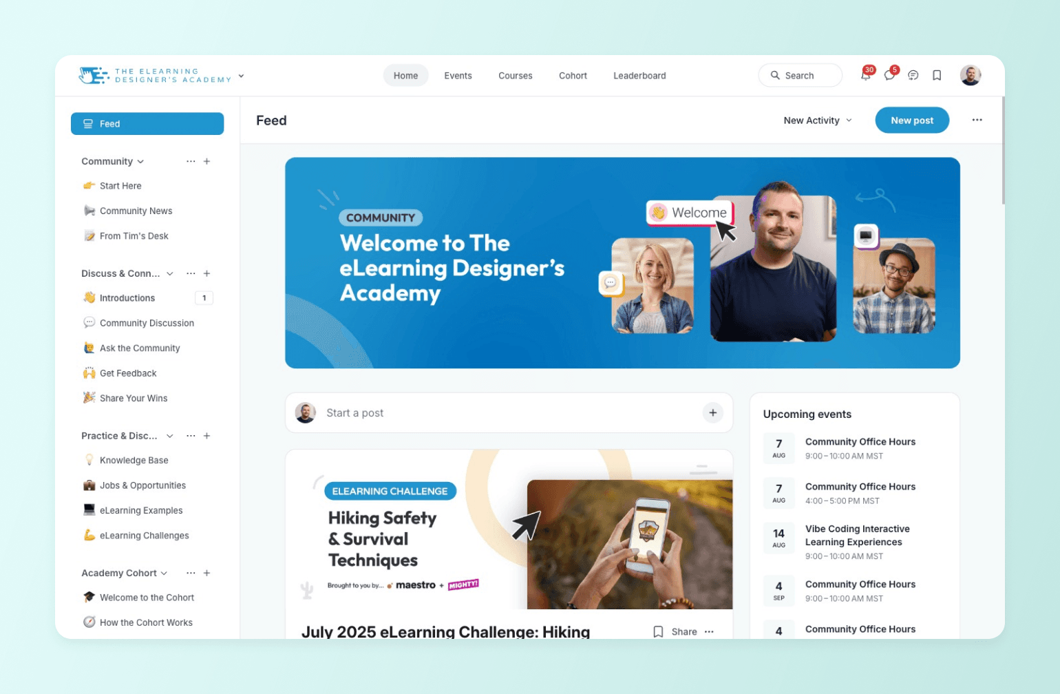 eLearning Designer's Academy community dashboard with welcome banner featuring three members and upcoming events sidebar