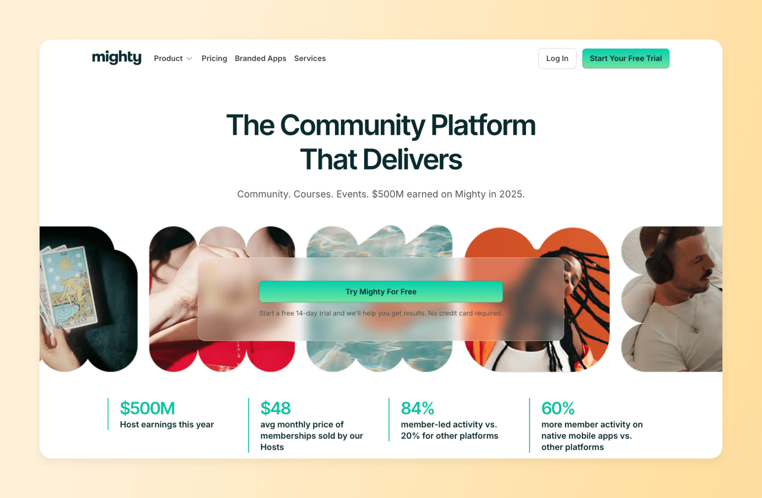 Mighty community platform homepage showing circular photo collage of diverse activities including tarot cards, wellness, swimming, and podcasting with trial signup button