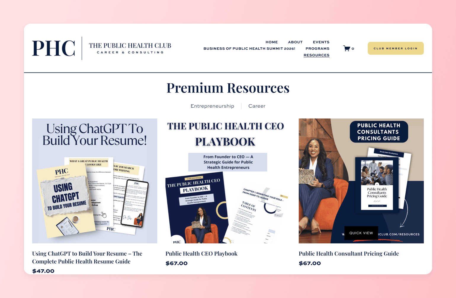 The Public Health Club website displaying three premium resource guides: ChatGPT resume builder, CEO playbook, and consultant pricing guide on pink background.