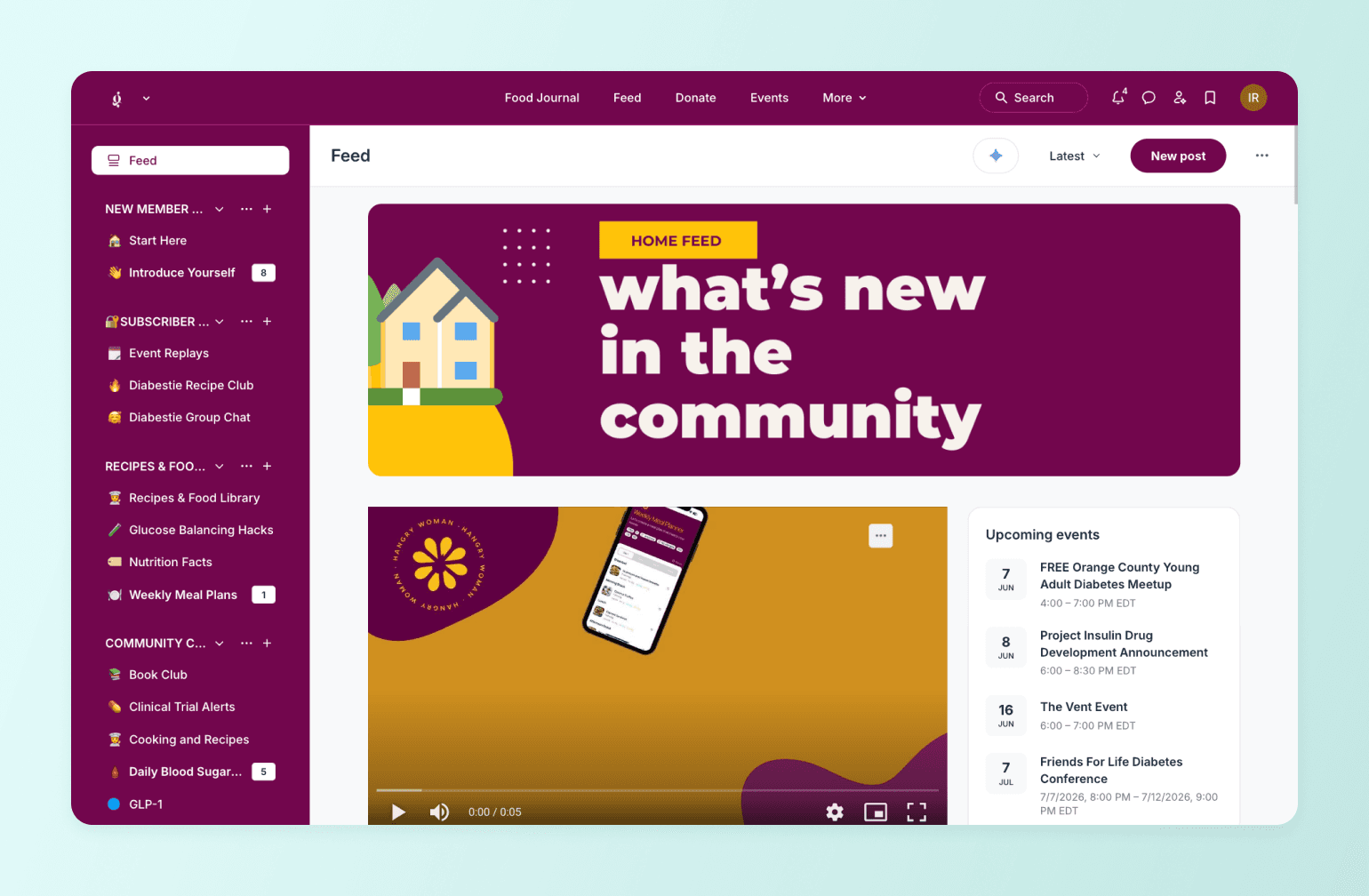 Community feed dashboard showing home feed banner with house illustration and upcoming diabetes-related events in sidebar