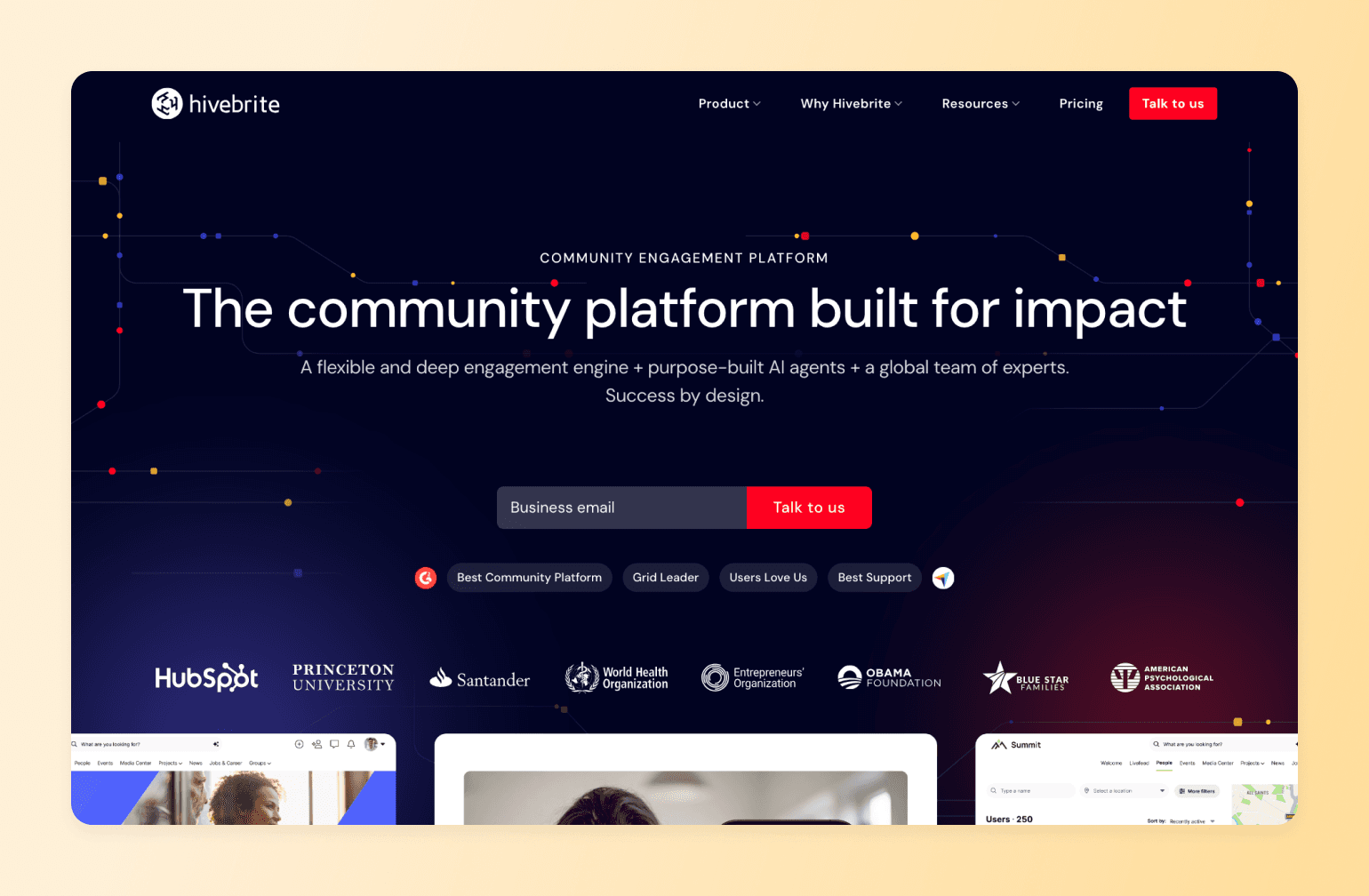 Hivebrite community engagement platform homepage featuring headline "The community platform built for impact" with logos of HubSpot, Princeton University, Santander, WHO, Obama Foundation, and Blue Star Families
