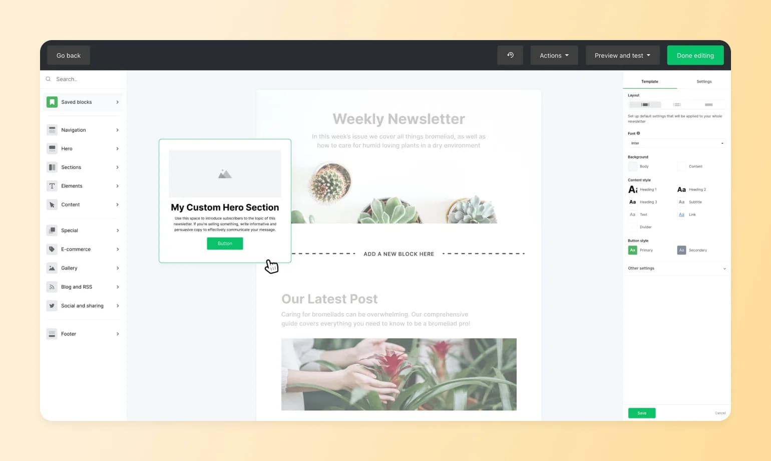 MailerLite's newsletter builder with a draggable hero block, showing how the best newsletter platforms let creators customize layouts