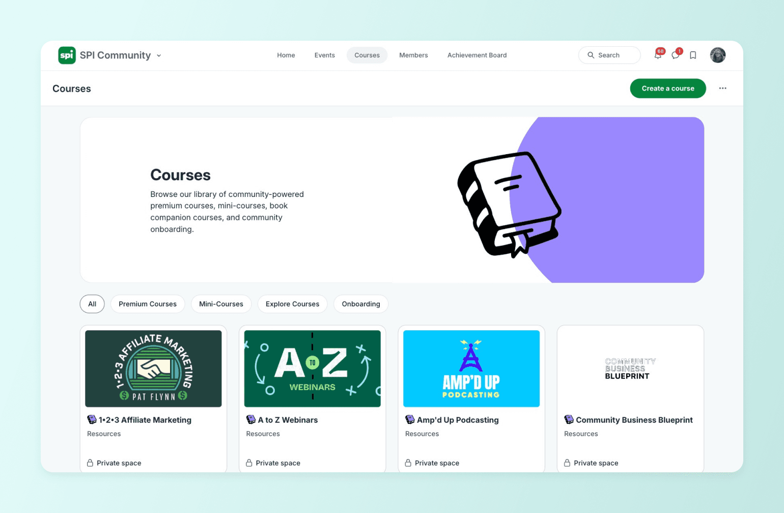 SPI Community courses page showing course library with book icon illustration and category tabs including affiliate marketing, webinars, and podcasting resources
