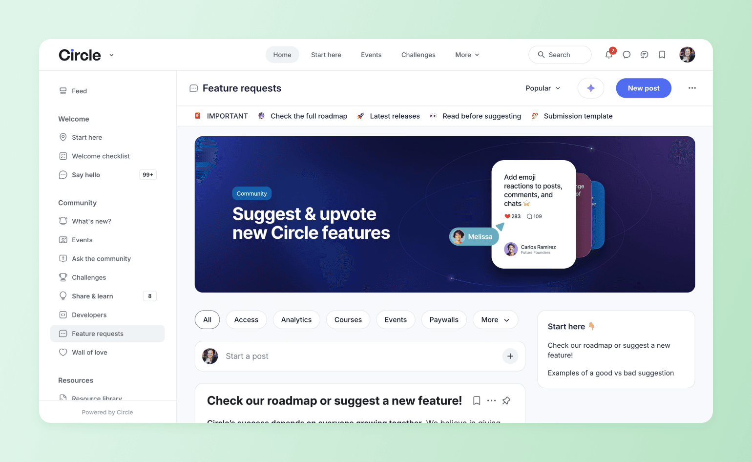 Circle community platform interface showing feature requests board with navigation sidebar and hero banner promoting voting on features