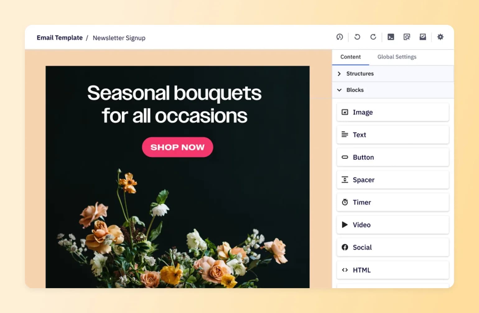 ActiveCampaign's email builder showing a floral 'Shop Now' campaign, comparing drag-and-drop design tools for newsletter platforms