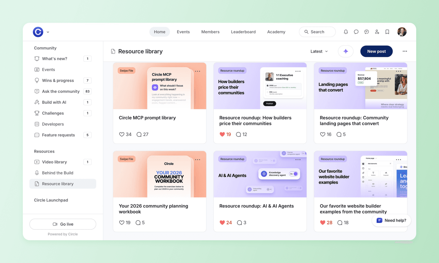 Community resource library dashboard showing grid of content cards with preview thumbnails, titles, and engagement metrics