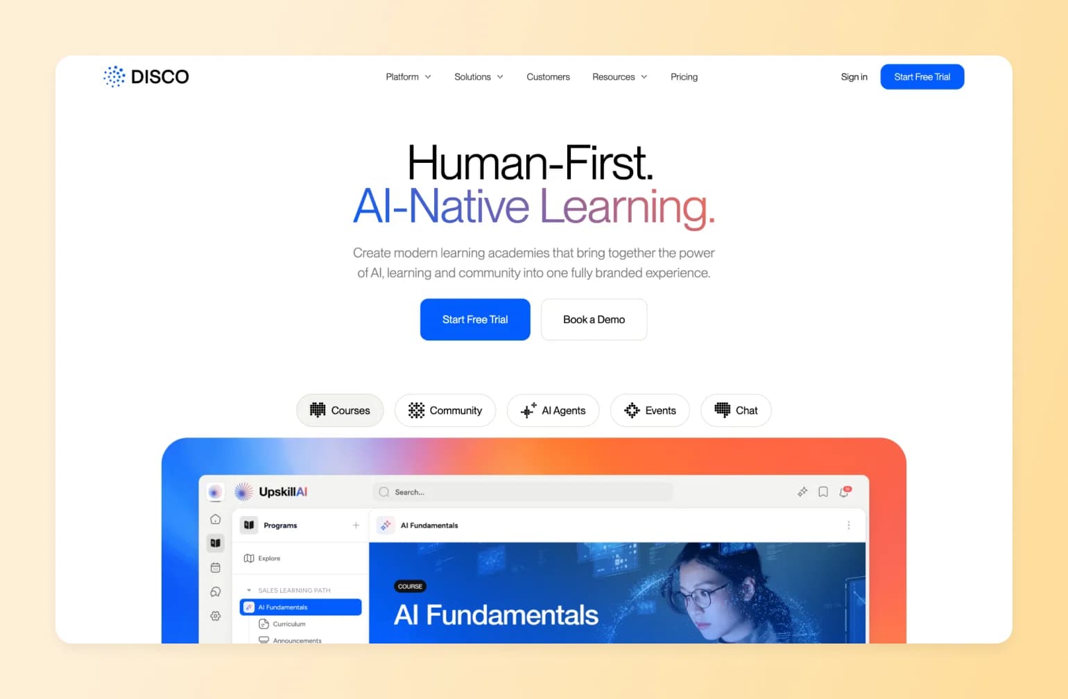 DISCO learning platform homepage featuring "Human-First. AI-Native Learning" headline with interface preview showing AI Fundamentals course