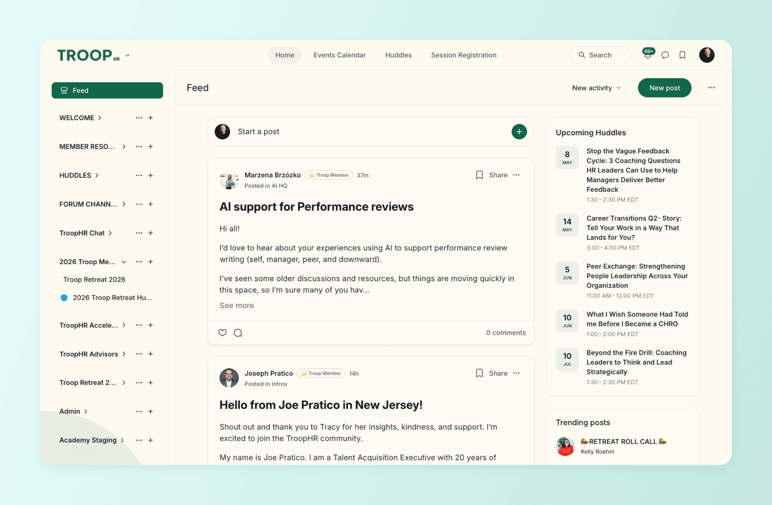 TroopHR community feed showing discussion posts about AI performance reviews and upcoming HR coaching events