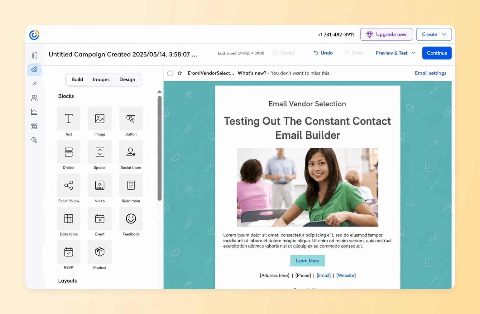 Constant Contact email builder with drag-and-drop blocks, used to compare features among the best newsletter platforms