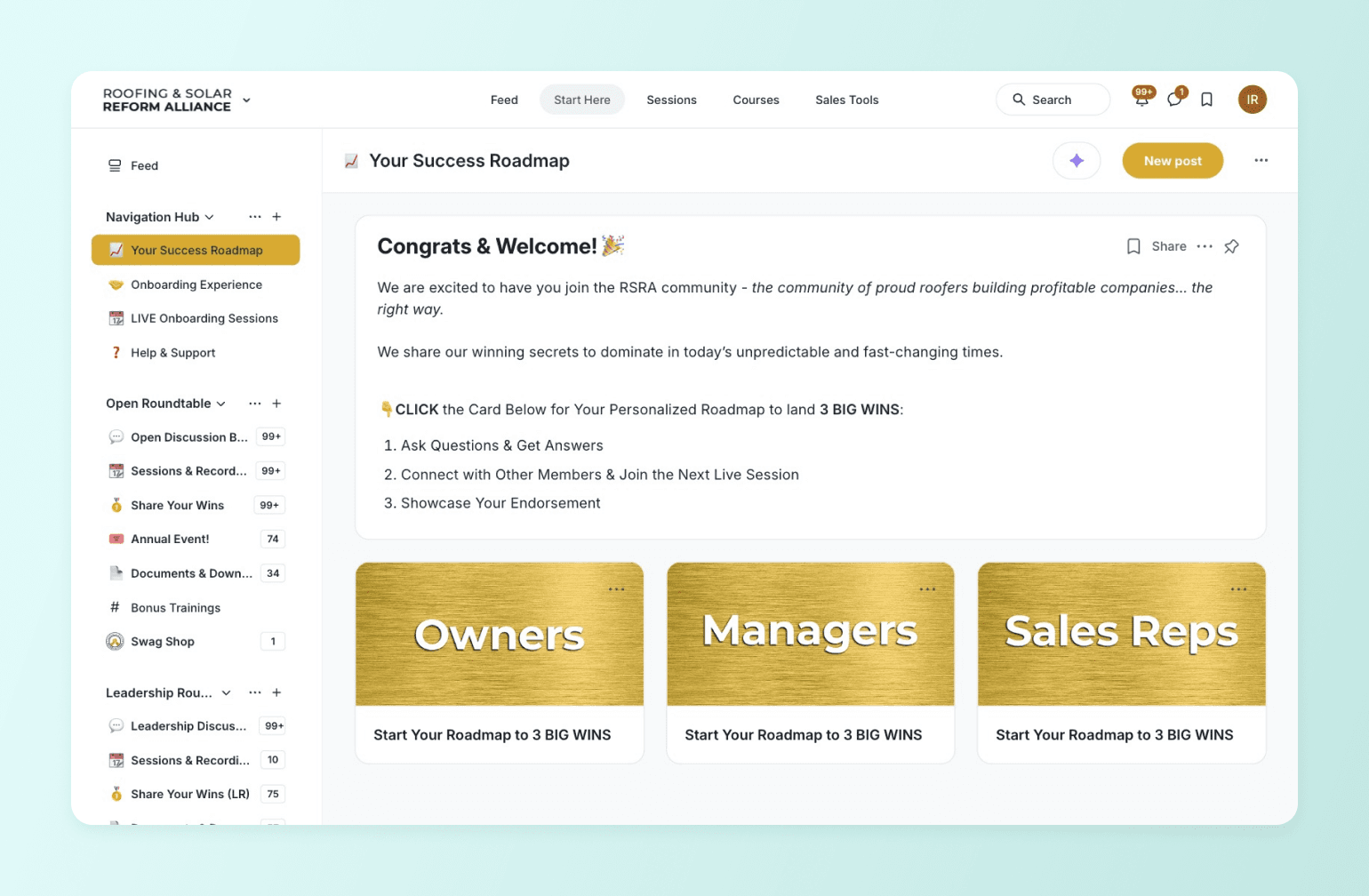 Welcome page for Roofing & Solar Reform Alliance showing three gold cards labeled Owners, Managers, and Sales Reps with roadmap options