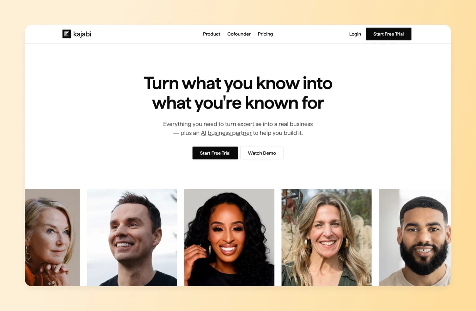 Kajabi landing page featuring diverse entrepreneurs and headline "Turn what you know into what you're known for