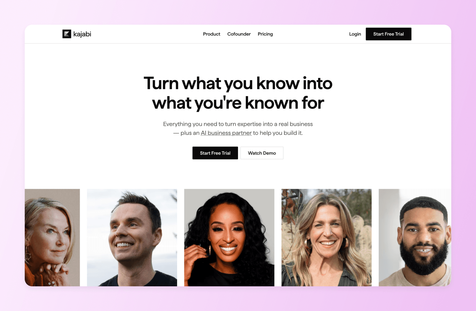 Kajabi homepage featuring headline about turning expertise into business with row of five diverse entrepreneur headshots below