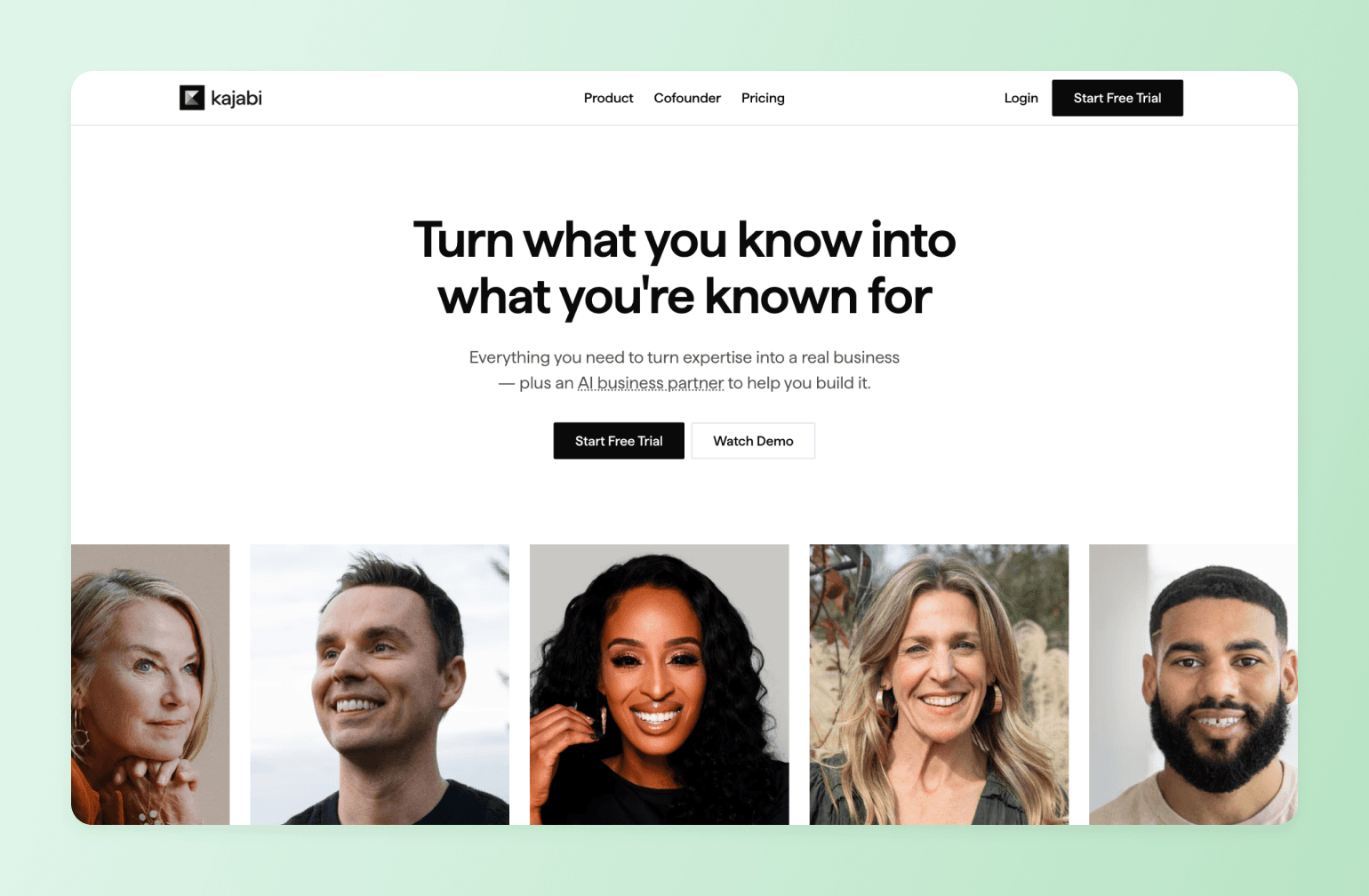 Kajabi homepage featuring hero section with five diverse entrepreneurs smiling beneath call-to-action buttons