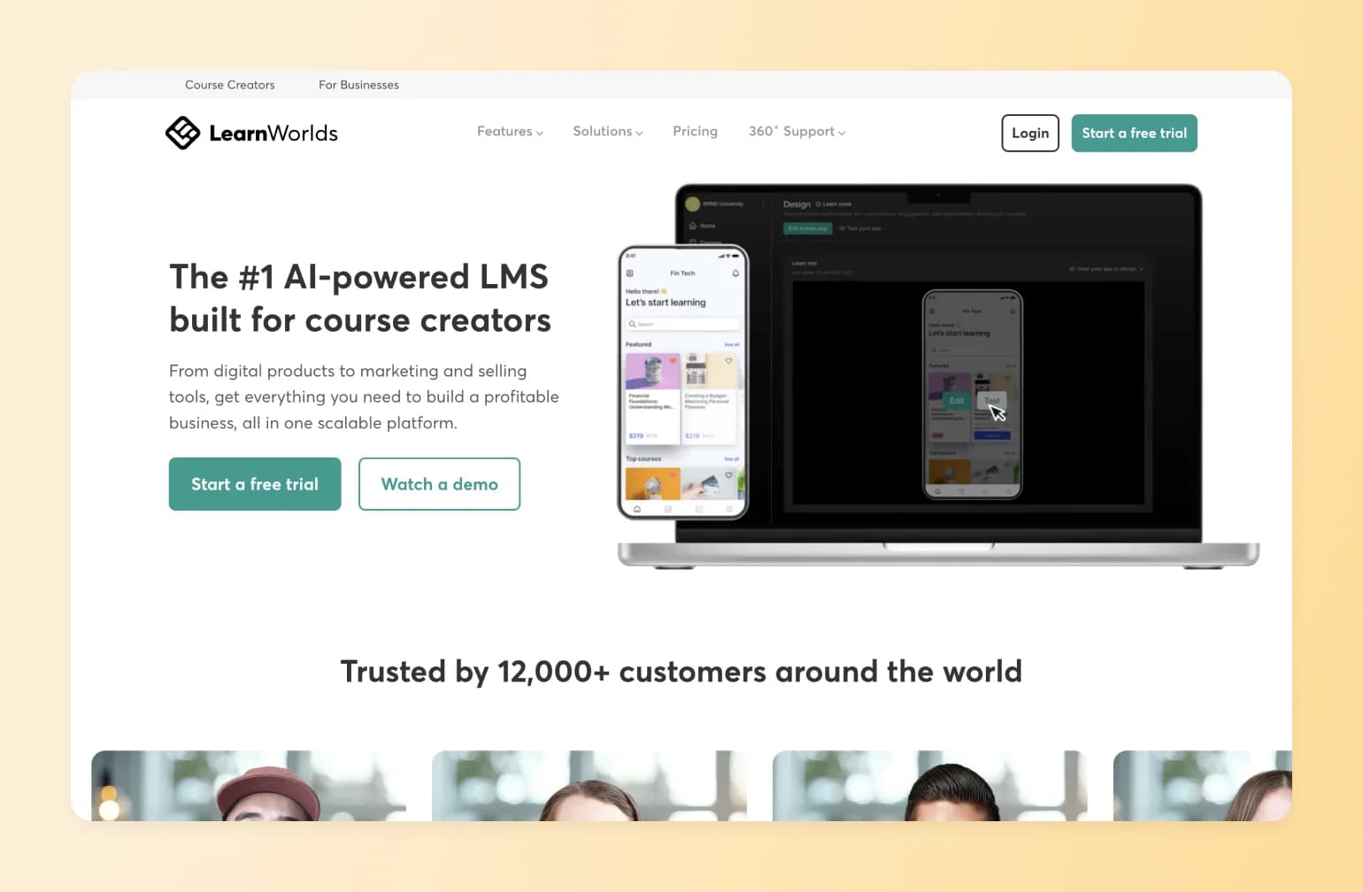 LearnWorlds LMS platform displayed on desktop monitor, tablet and mobile phone showing course creation interface and dashboard