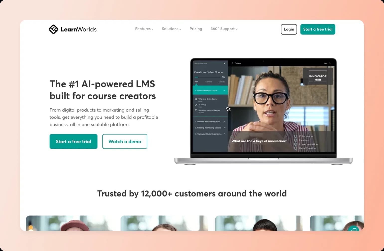 LearnWorlds LMS platform homepage showing instructor teaching online course about innovation keys on laptop display