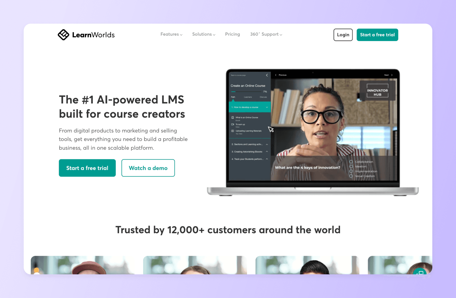LearnWorlds AI-powered LMS platform interface showing instructor creating online course with navigation menu and video content