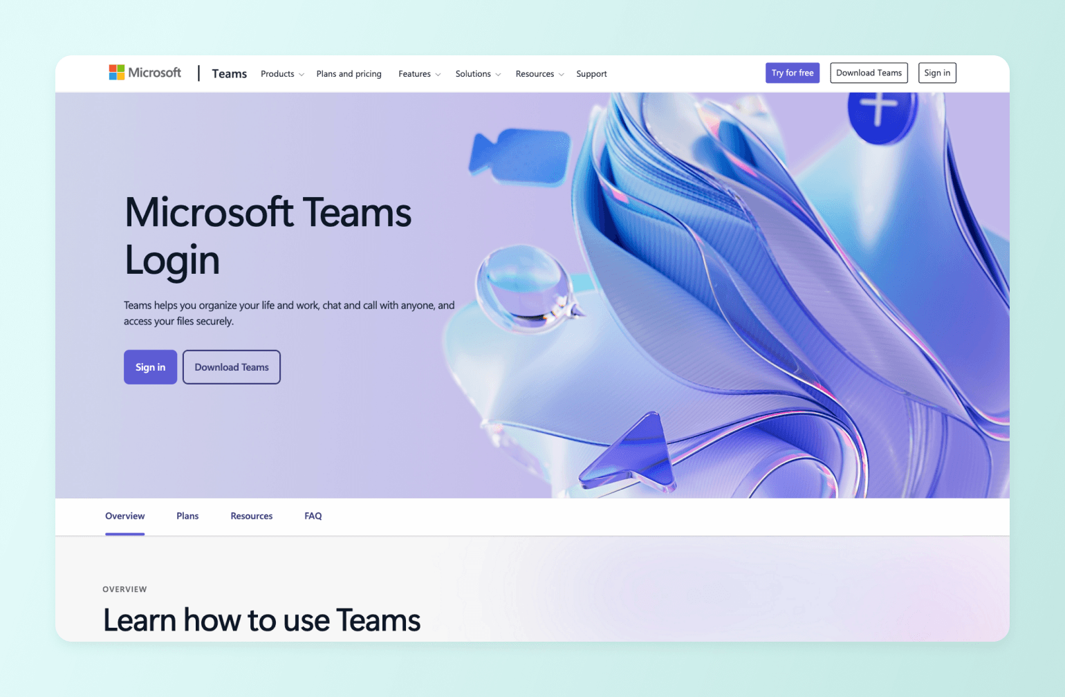 Microsoft Teams login page with purple gradient background featuring abstract 3D glass shapes and flowing ribbon design