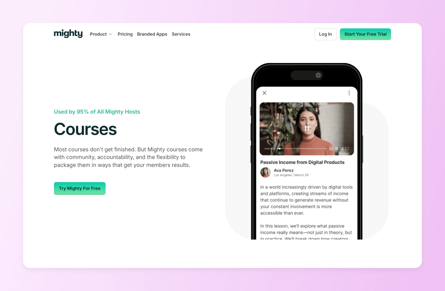 Mobile phone displaying Mighty course interface with Passive Income from Digital Products lesson by Ava Perez from Los Angeles