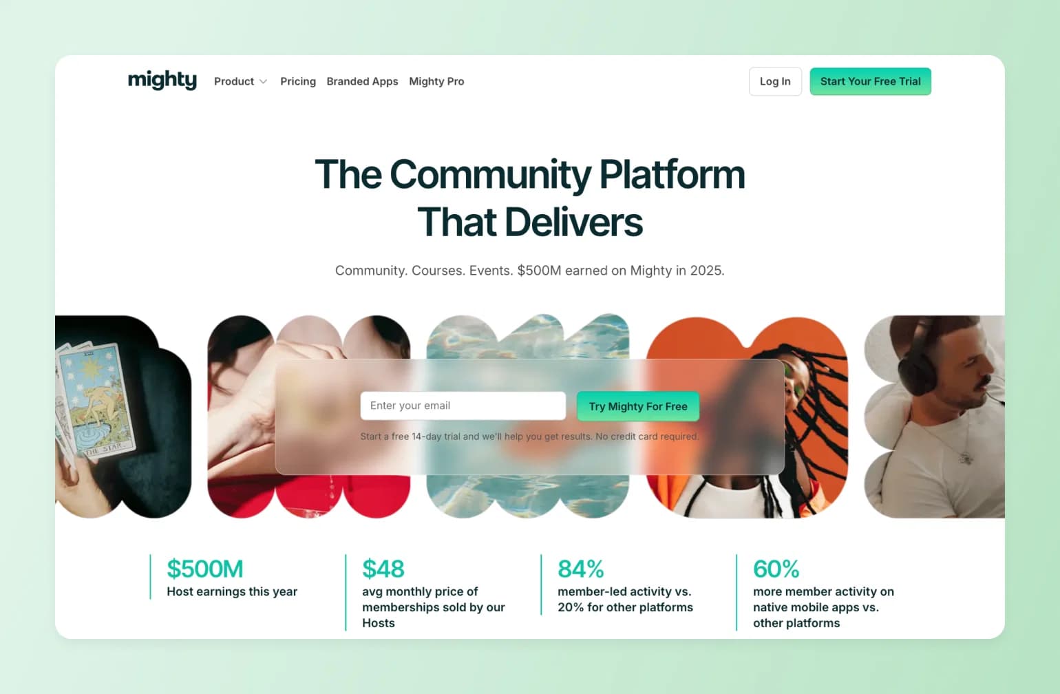 Mighty community platform homepage featuring statistics: $500M host earnings, $48 average membership price, 84% member-led activity, and 60% more mobile engagement with diverse lifestyle imagery