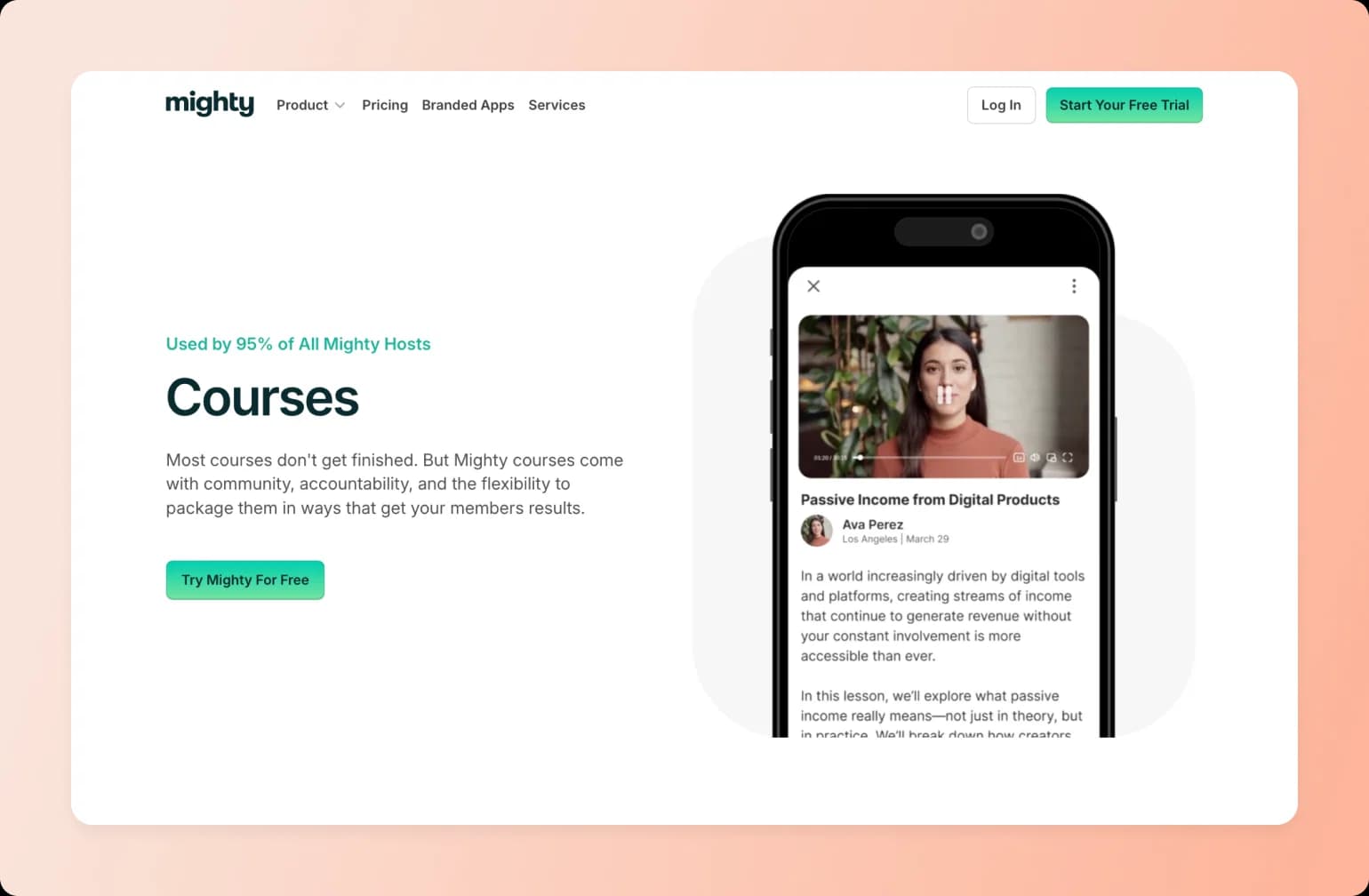 Mighty courses platform showcasing mobile course lesson on Passive Income from Digital Products by Ava Perez with community features