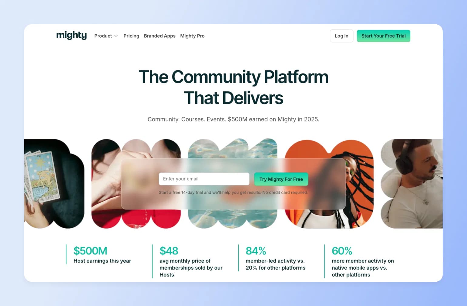 Mighty community platform homepage showing circular lifestyle photos including tarot cards, wellness activities, swimming, and headphone user with email signup form and platform statistics