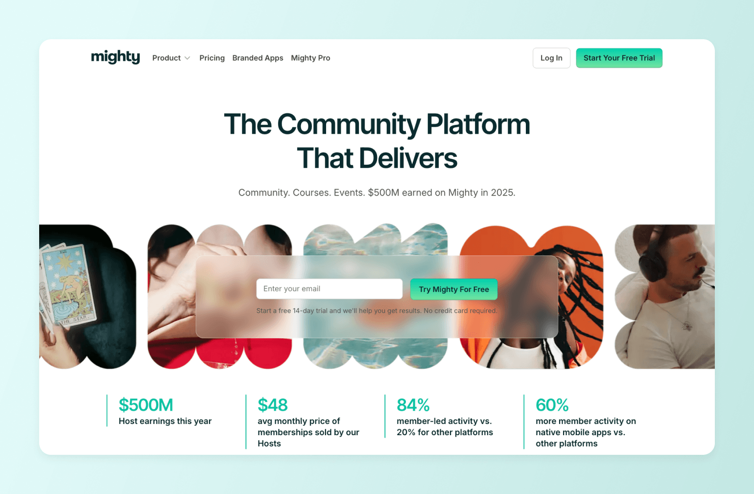 Mighty community platform homepage showing diverse creator activities including tarot cards, wellness content, swimming, and podcasting with email signup form