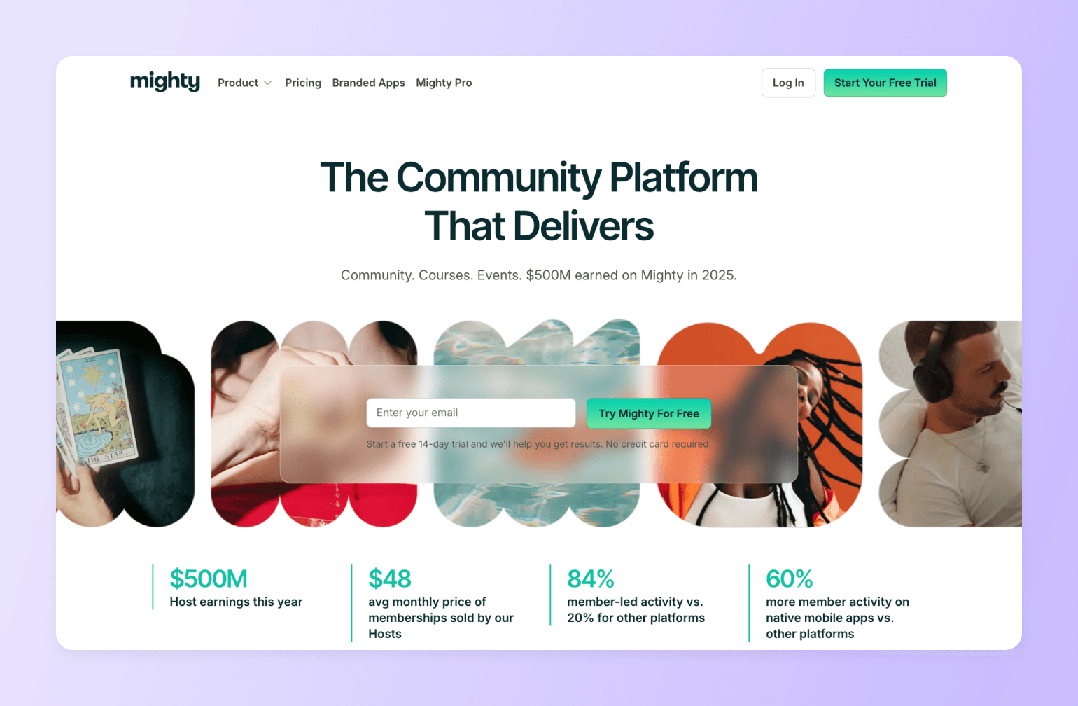 Mighty community platform homepage with circular image collage showing tarot cards, spa treatment, swimming pool, basketball player, and headphone user above statistics panel